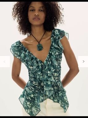 Free People Blythe Printed Ruffle Top in Teal Green - NWT And Sold out